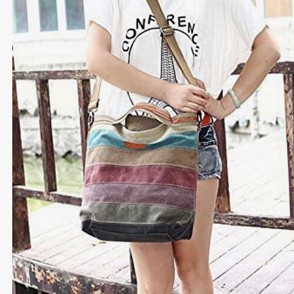 SNUG STAR Canvas Handbag Multi-Color Striped Lattice Cross Body Shoulder/tote - Picture 13 of 14